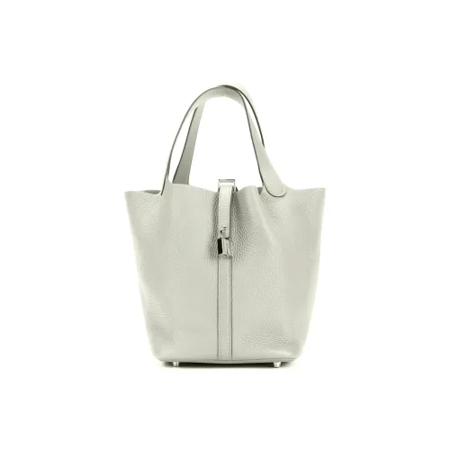 HERMES Picotin Lock Clemence Bullock Leather, Silver Buckle Bucket Bag Handbag 22 Women's 0W Gris Neve Ice Crystal Gray