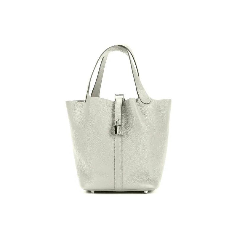 HERMES Picotin Lock Clemence Bullock Leather, Silver Buckle Bucket Bag Handbag 22 Women's 0W Gris Neve Ice Crystal Gray-0