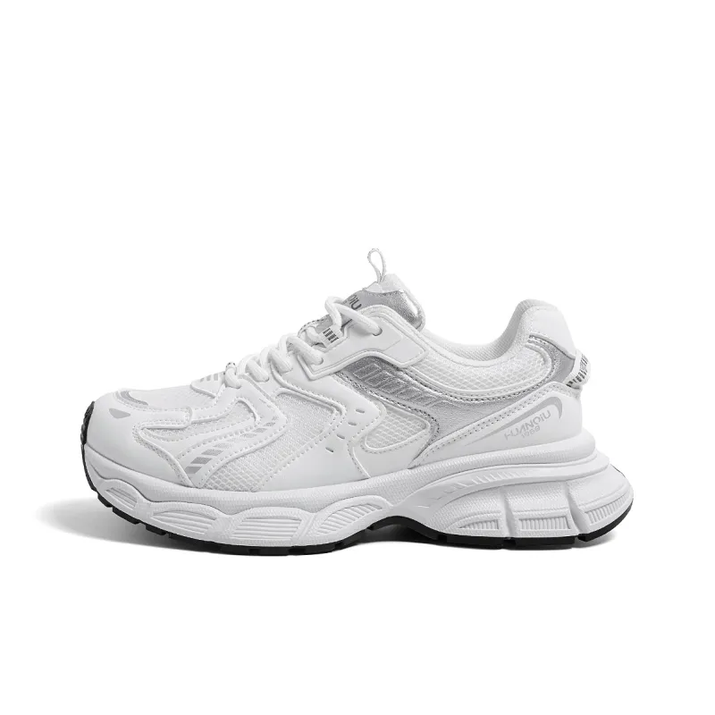 HUANQIU Anti Slip And Wear Resistant Height Increasing Low Top Chunky Sneakers Women's White Silver-0