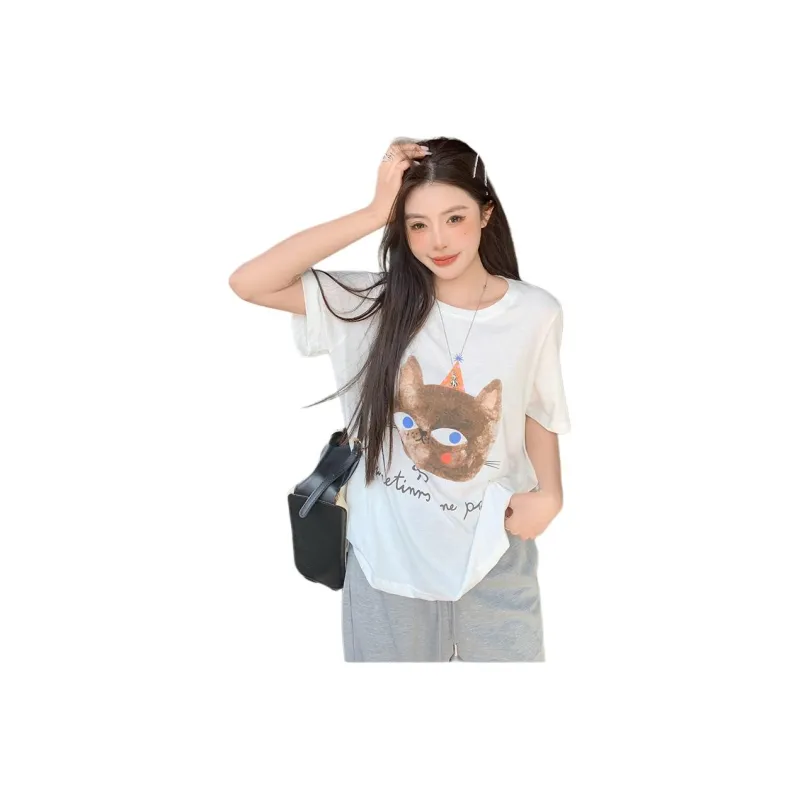 Mu Xiao Xin T Shirt Women's Solid Color Big Head Brown Kitten T Shirt-6