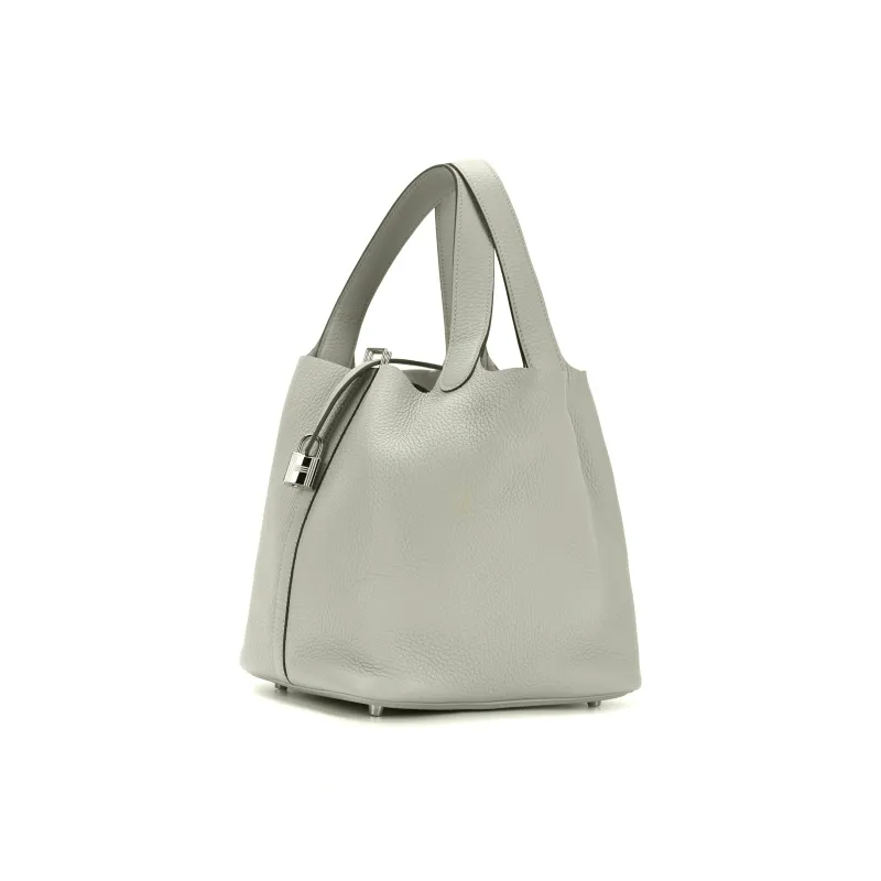 HERMES Picotin Lock Clemence Bullock Leather, Silver Buckle Bucket Bag Handbag 22 Women's 0W Gris Neve Ice Crystal Gray-1