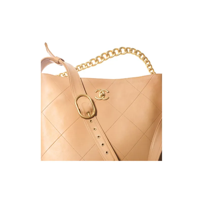 CHANEL Calfskin Hobo Bag, Tote Bag, Shoulder Bag Women's Beige-4