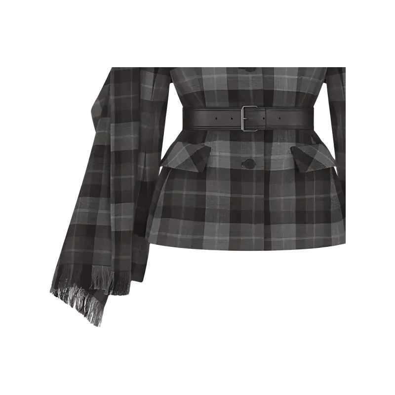 DIOR Checkered Belted Removable Scarf Jacket-3