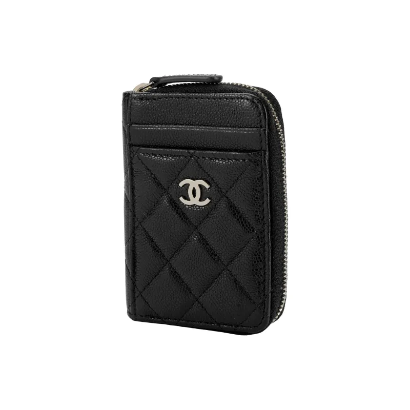 CHANEL Grain Embossed Shiny Caviar Calfskin With Gold Metal Coin Purse, Card Holder Women's Black-1