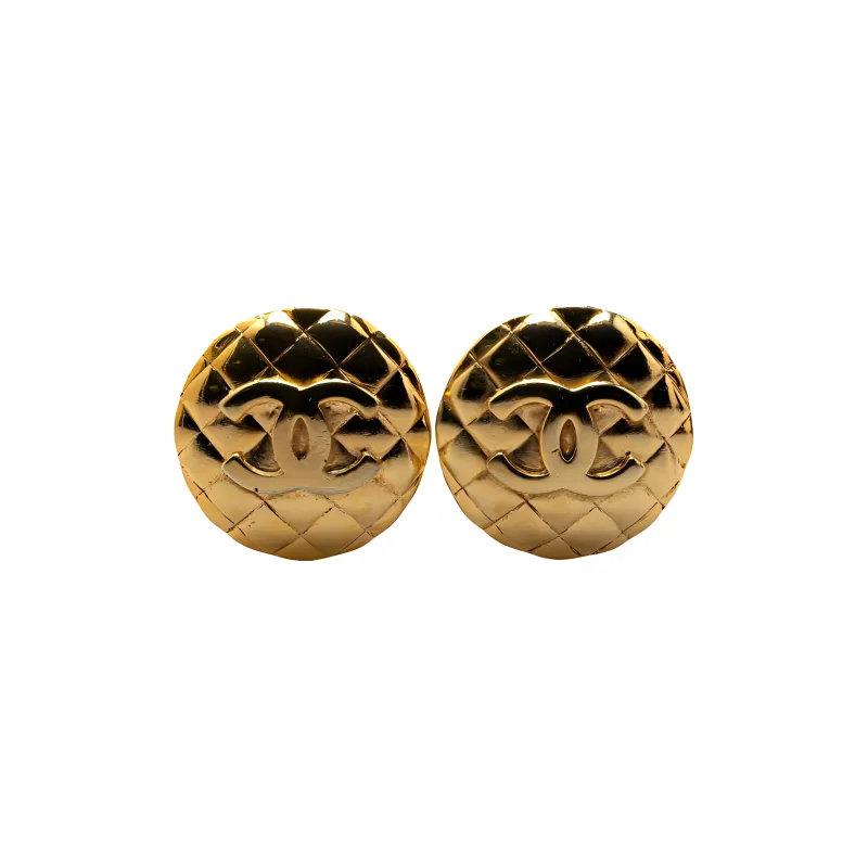 CHANEL 1980 1990 Plated Cc Quilted Clip On Earrings Costume Earrings-2