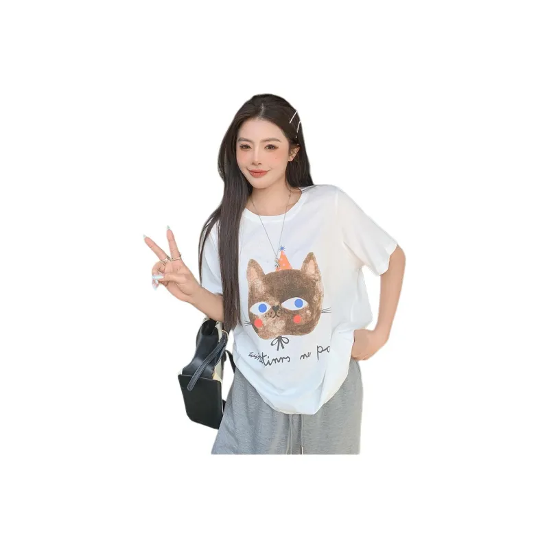 Mu Xiao Xin T Shirt Women's Solid Color Big Head Brown Kitten T Shirt-5