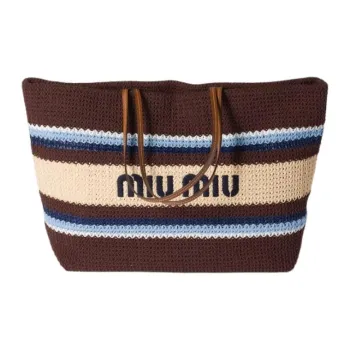 MIU MIU Cotton Tote Bag, Shopping Bag, Handbag, Shoulder Bag Women's Cocoa & Light Blue & Natural