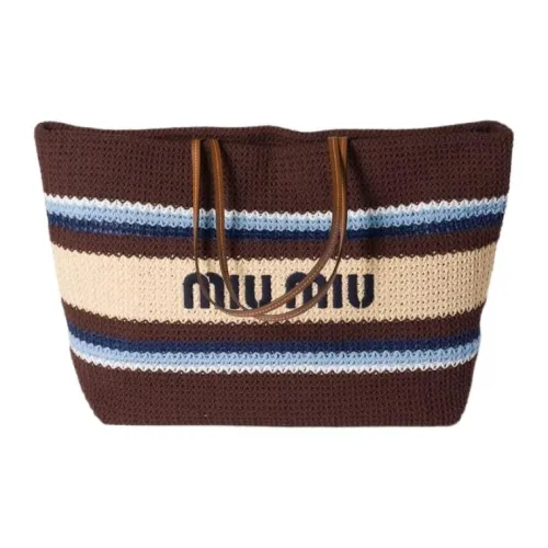 MIU MIU Cotton Tote Bag, Shopping Bag, Handbag, Shoulder Bag Women's Cocoa & Light Blue & Natural