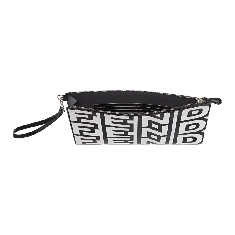 FENDI Calfskin Wrist Bags Clutches Men's Black/White-2