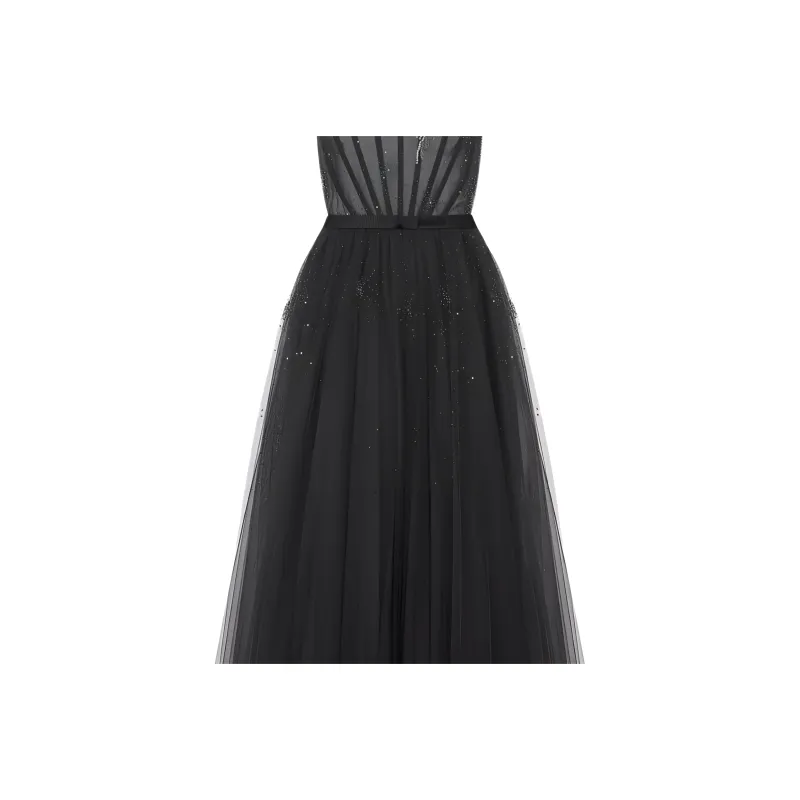 DIOR Flared Long Evening Gown Slip Dress Women's Black-4
