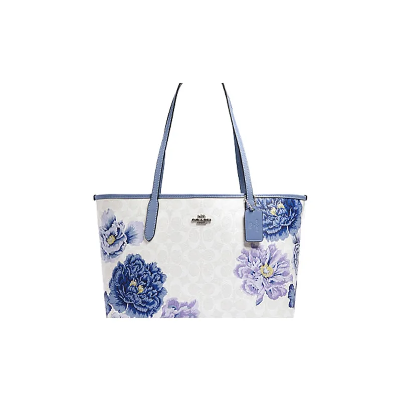 COACH City Canvas With Leather Tote Bag Shopping Bag Handbag Shoulder Bag Women's White Purple-3