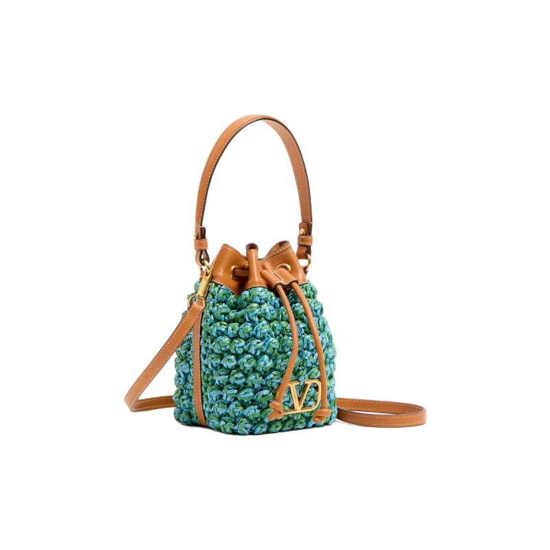 Valentino VLogo Signature Synthetic Raffia Bucket Bag, One Shoulder Handbag Mini Women's Green & Cerulean & Camel-1