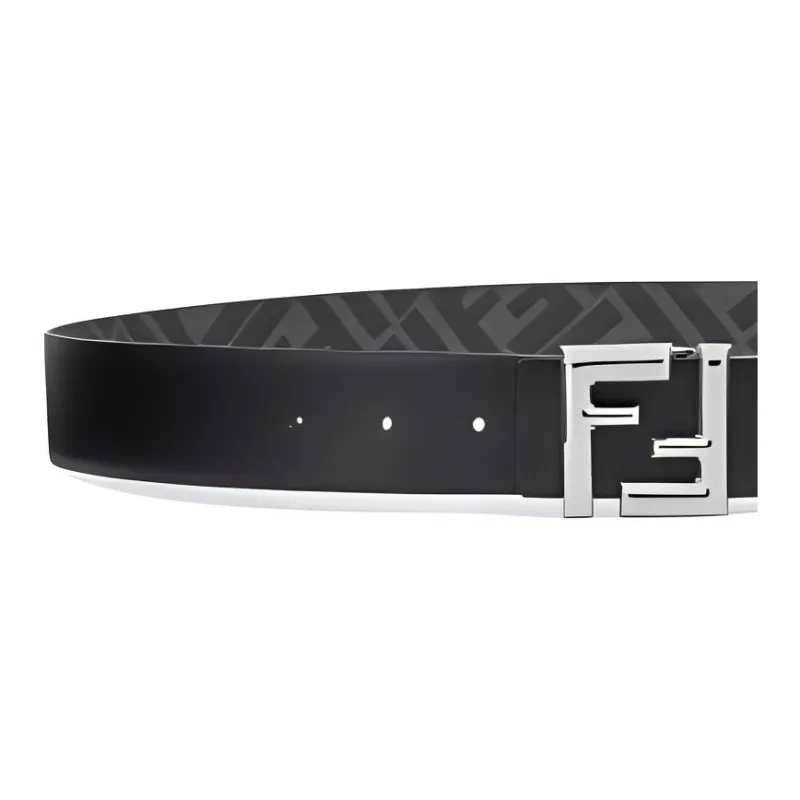 FENDI FF Logo Emblem Polyurethane Leather Belts Men's Black/Gray Width: 3.5cm-2