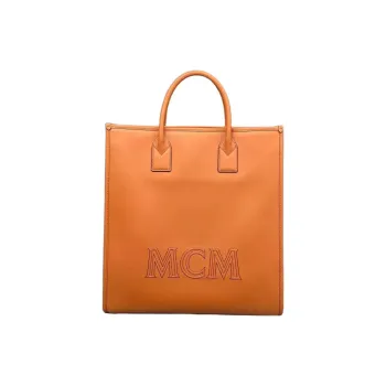 MCM Cow Leather Small Square Bag Tote Bag Shopping Bag Handbag Medium Size Women's Cognac