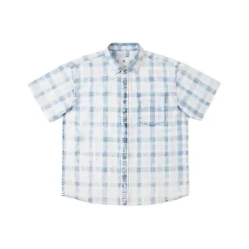 SIMWOOD Shirts Men Washed Blue White Plaid