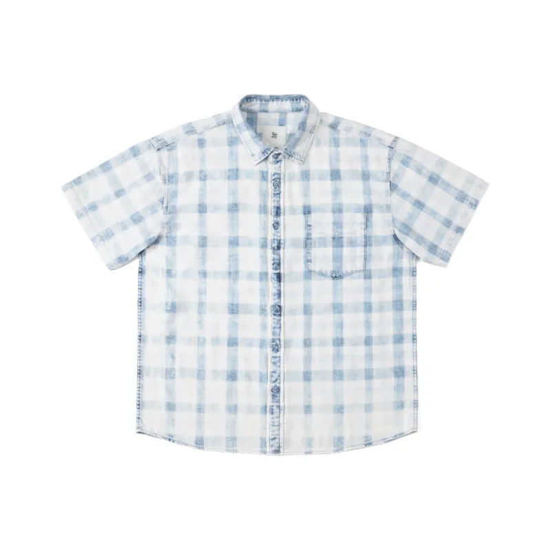 SIMWOOD Shirts Men Washed Blue White Plaid-0