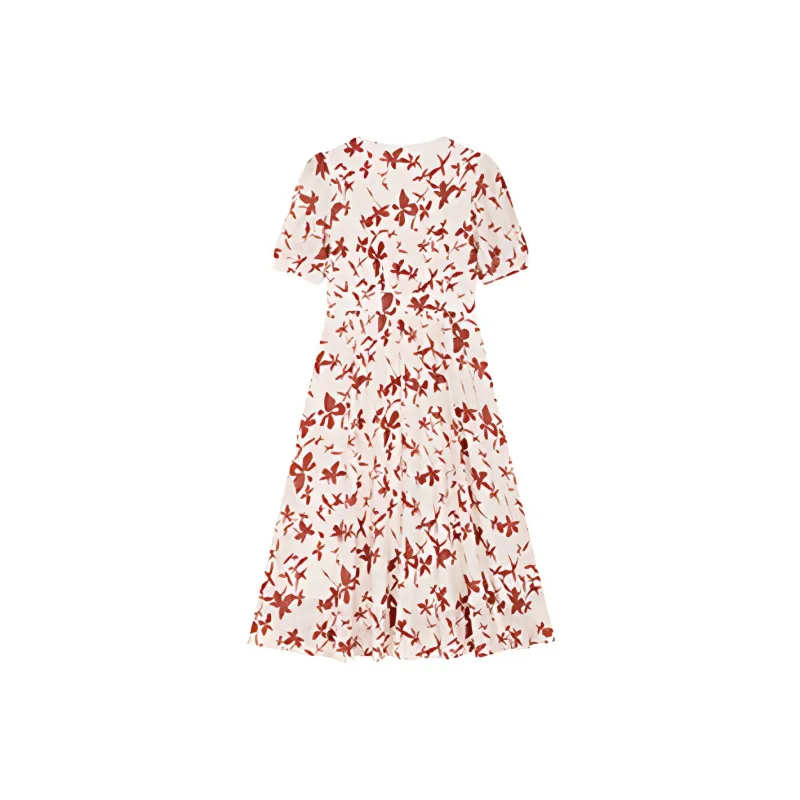 Mapping Short-Sleeved Dresses Women's Light Beige With Red Flowers-1