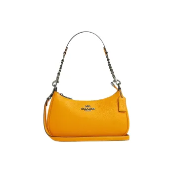 COACH Teri Litchi Grain Leather Handbag, Shoulder Bag Medium Size Women's Ginger Yellow