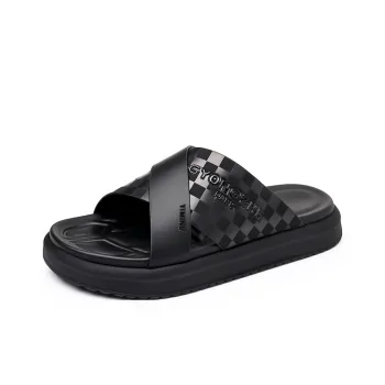 Eminu Rubber Sole Leather Patchwork Quick Dry Slide Slippers Men's Black