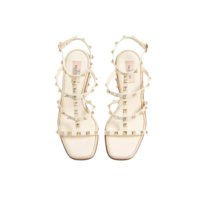 Valentino Rockstud Cornely Roman Sandals 8cm Women's Ivory White-3