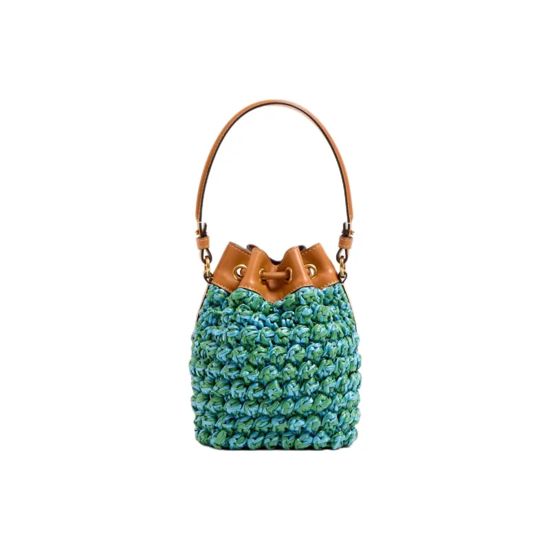 Valentino VLogo Signature Synthetic Raffia Bucket Bag, One Shoulder Handbag Mini Women's Green & Cerulean & Camel-3