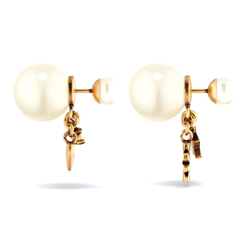 DIOR Metal Crystal Resin Pearl Earrings Women's Gold-1