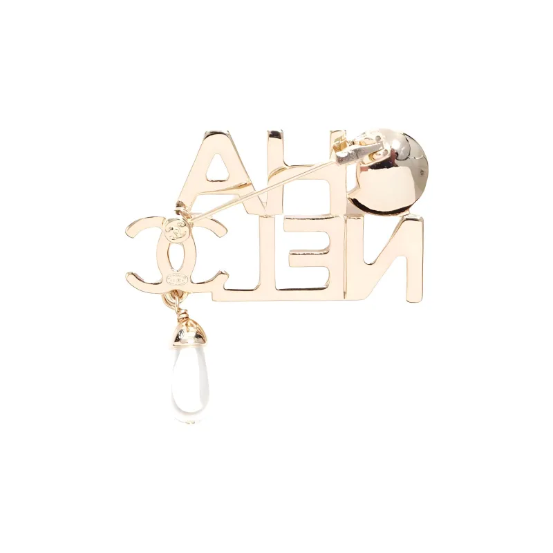 CHANEL 2022 Gold Plated Logo Faux-pearl Brooch-1