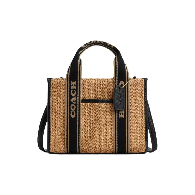 COACH Smith Straw With Leather Tote Bag, Shopping Bag, Shoulder Bag, Handbag Medium Size Women's Khaki & Black-0