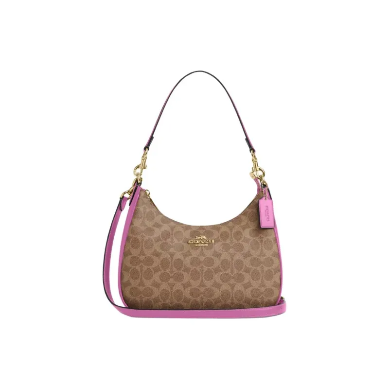 COACH Teri Coated Canvas Crescent Bag, Portable Crossbody Bag, Shoulder Bag Large Size Women's Brown & Cherry Red-0