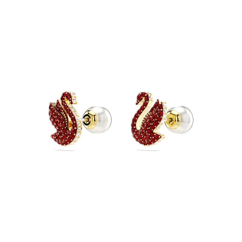 Swarovski Iconic Swan Faux Crystal Gold-Plated Faux Pearl Stud Earrings Women's Red-2
