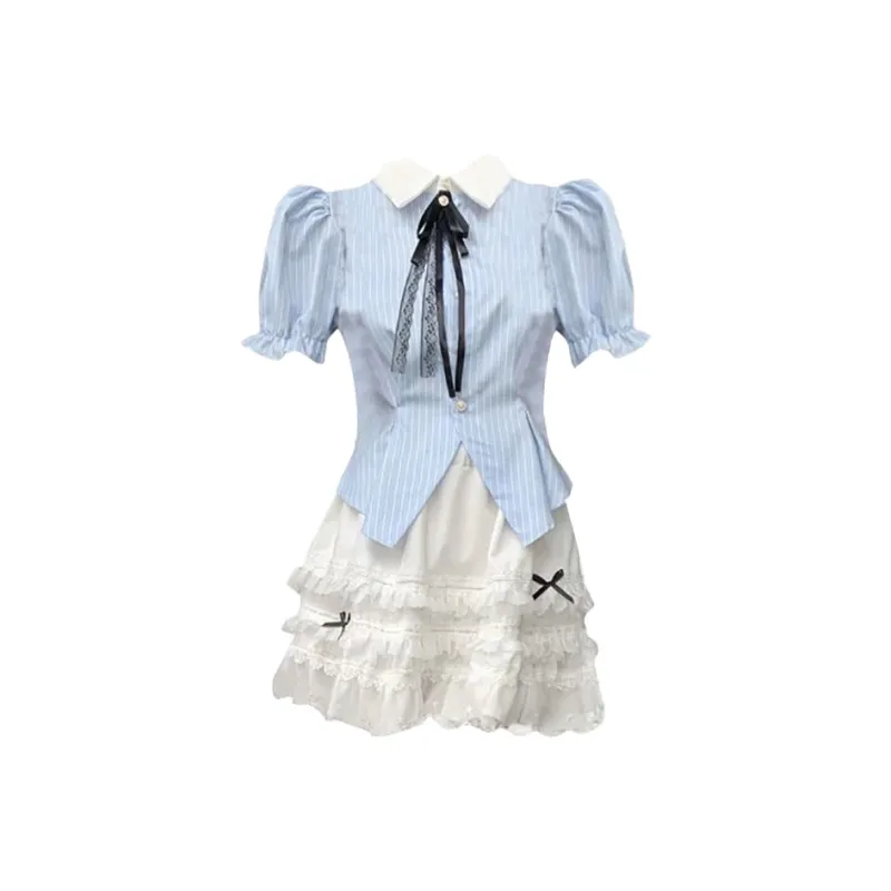 Pa33word Skirt Set Women's Two Piece Set Blue White-0
