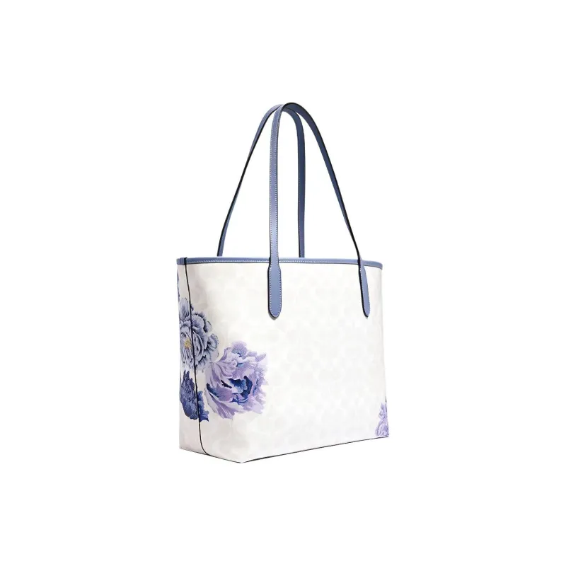 COACH City Canvas With Leather Tote Bag Shopping Bag Handbag Shoulder Bag Women's White Purple-1