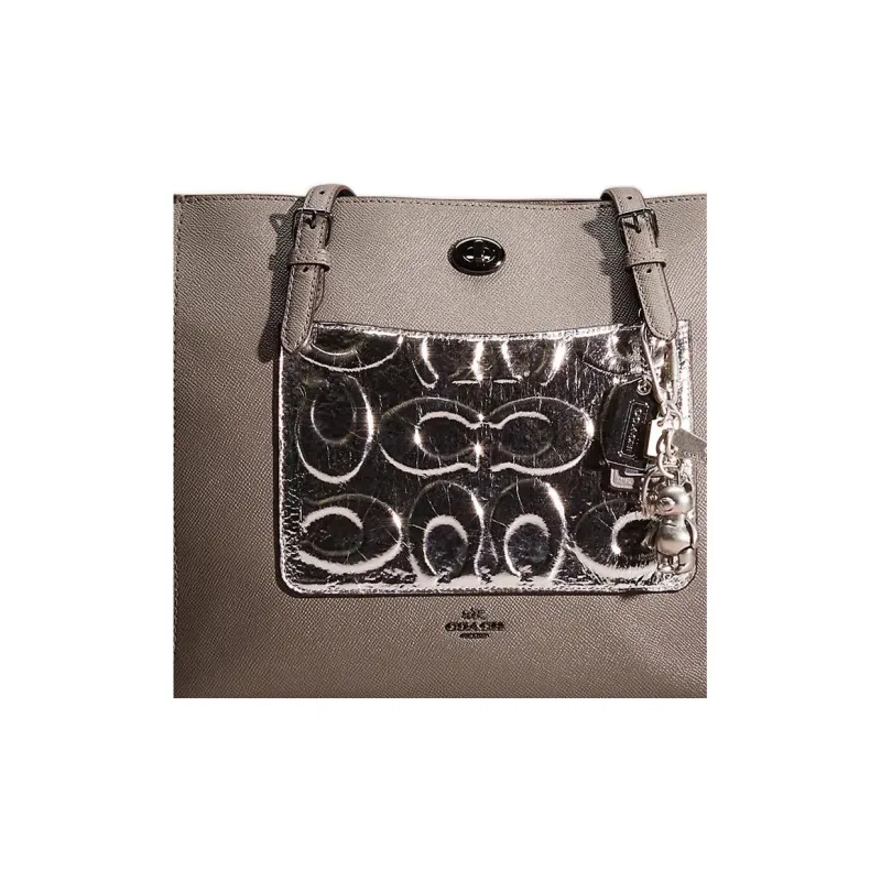 COACH Turnlock Cross Stitch Leather Tote Bag Shopping Bag Handbag Shoulder Bag Women's Gray & Silver-3