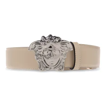 VERSACE Medusa Logo Smooth Buckle Leather Belts Men's Greige Width  4cm