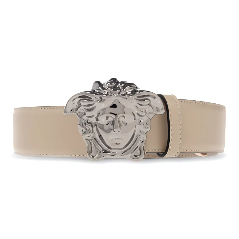 VERSACE Medusa Logo Smooth Buckle Leather Belts Men's Greige Width  4cm-0