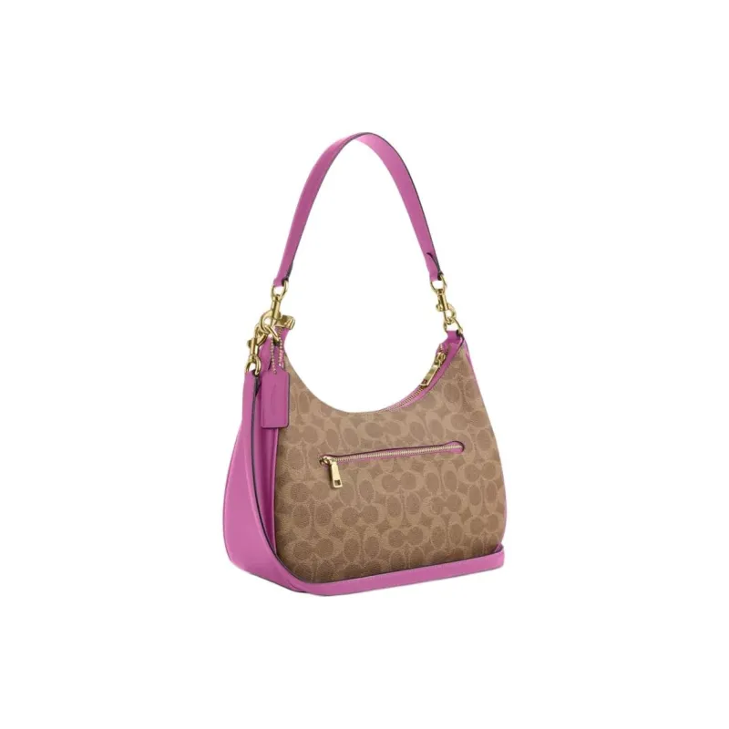 COACH Teri Coated Canvas Crescent Bag, Portable Crossbody Bag, Shoulder Bag Large Size Women's Brown & Cherry Red-1