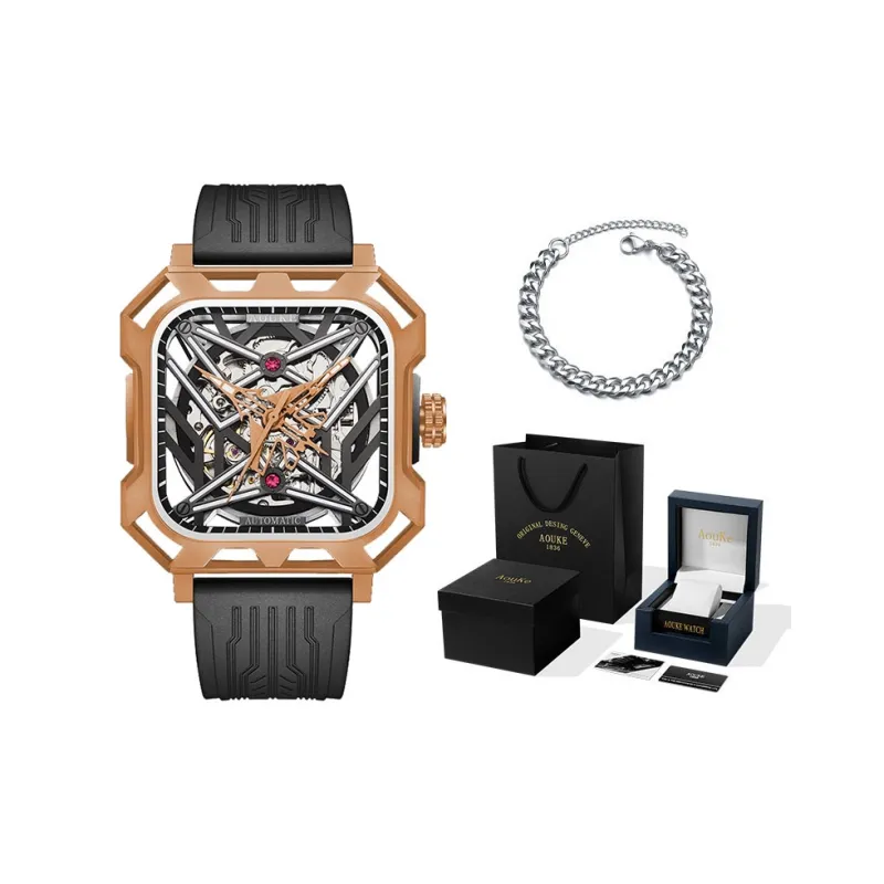 AOUKE Mechanical Movement Silicone Strap Watch Men's Watches Cut Out Dial-25
