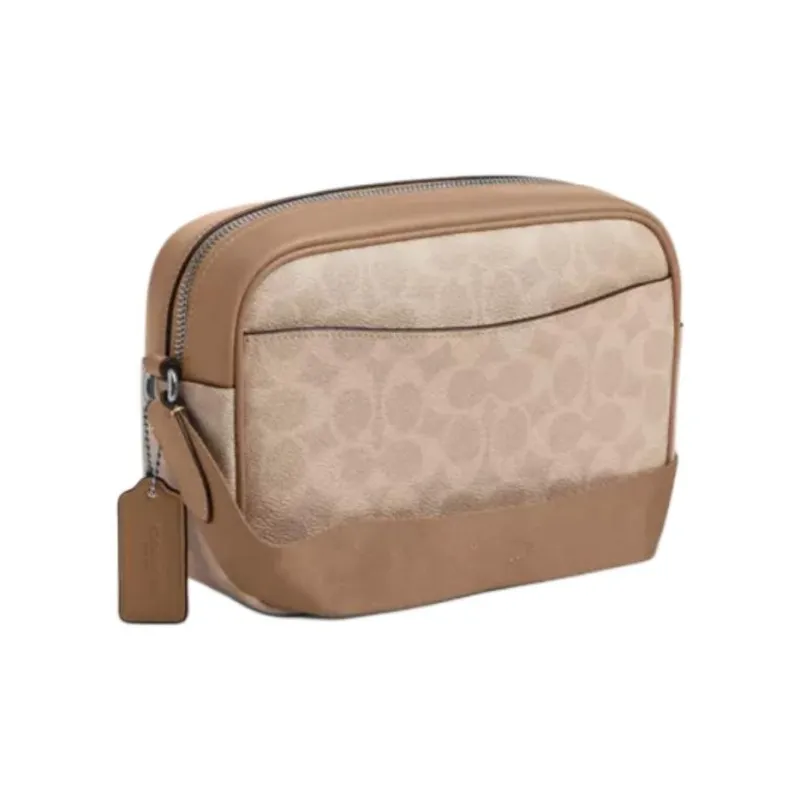 COACH Jamie Canvas With Smooth Leather Camera Bag, Shoulder Bag, Crossbody Bag Trumpets Women's Silver & Sand & Taupe-1