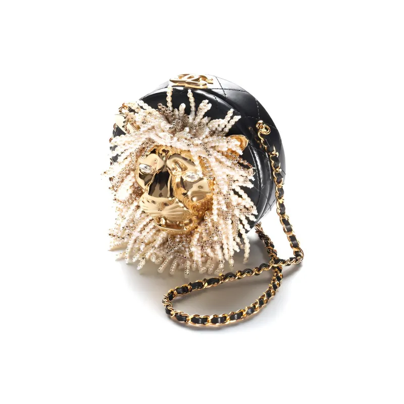 CHANEL Lambskin Glazed Pearls Rhinestone Evening Bag, Shoulder Bag, Crossbody Bag Women's Black/White/Gold-1