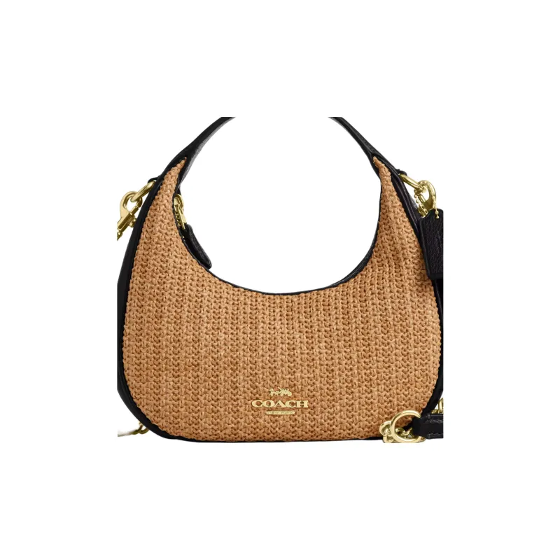 COACH CARMEN Straw With Leather Shoulder Bag, Crossbody Bag, Handbag Mini Women's Khaki & Black-3