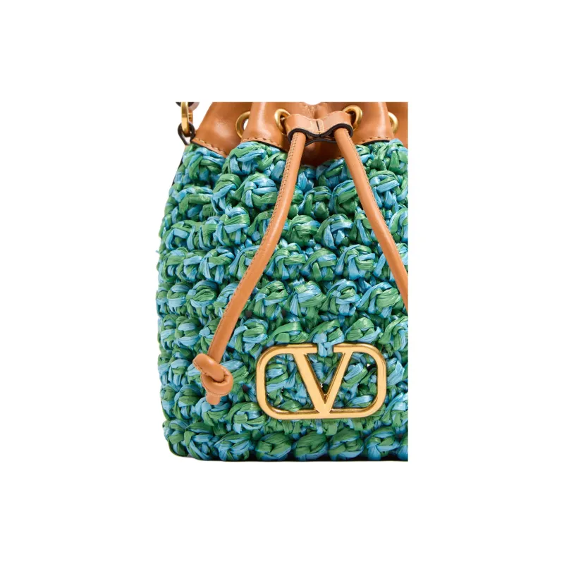 Valentino VLogo Signature Synthetic Raffia Bucket Bag, One Shoulder Handbag Mini Women's Green & Cerulean & Camel-5