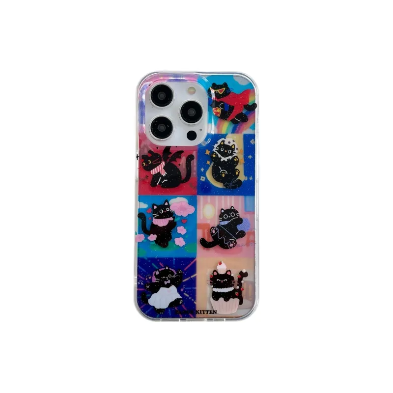 Koman TPU Material Shimmer Powder Grid Black Cat Phone Cases Compatible With Apple IPhone 12/13/14/15/16/Pro/Mac-1