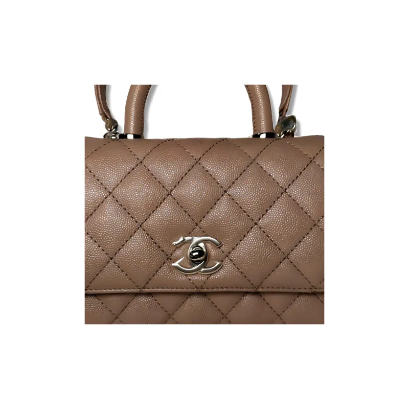 CHANEL Coco Handle Grain Embossed Caviar Cow Leather Portable Crossbody Bag, Shoulder Bag Women's Milk Tea Beige-1