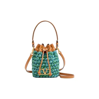 Valentino VLogo Signature Synthetic Raffia Bucket Bag, One Shoulder Handbag Mini Women's Green & Cerulean & Camel