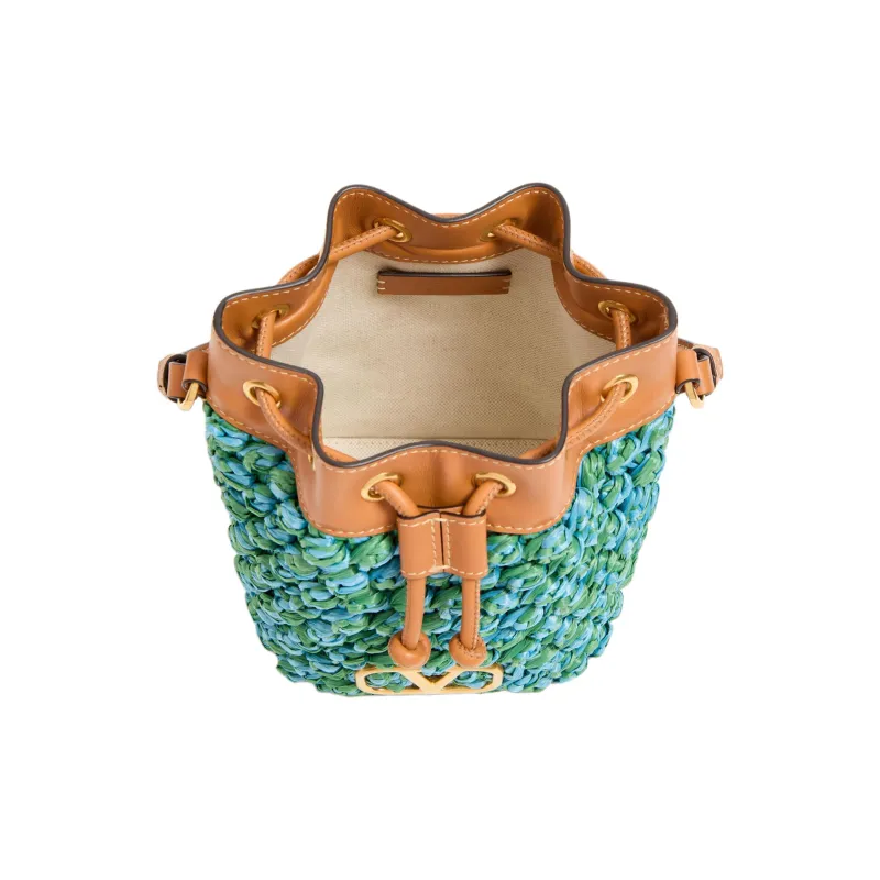Valentino VLogo Signature Synthetic Raffia Bucket Bag, One Shoulder Handbag Mini Women's Green & Cerulean & Camel-4