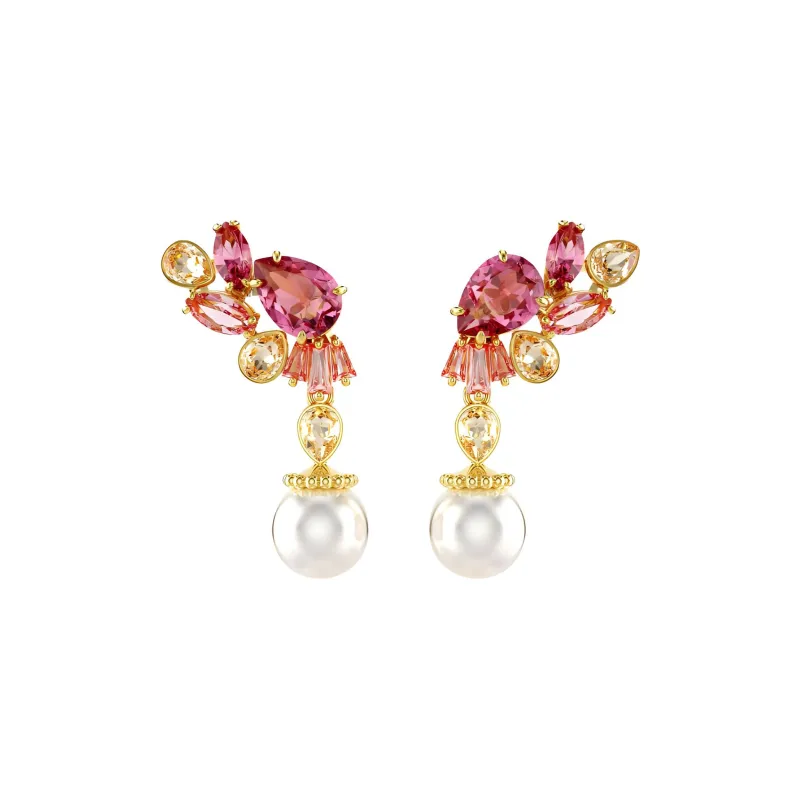 Swarovski Crystal Zircon Pearl Gold-Plated Earrings Women's Red-1