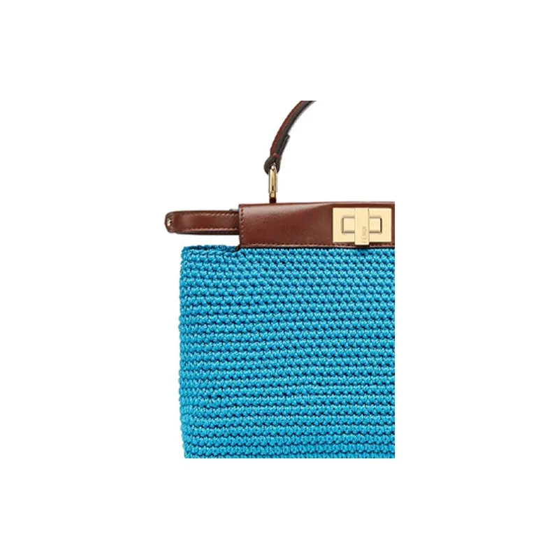 FENDI Peekaboo Fabric With Leather Shoulder Bag, Crossbody Bag, Handbag Mini Women's Blue-4