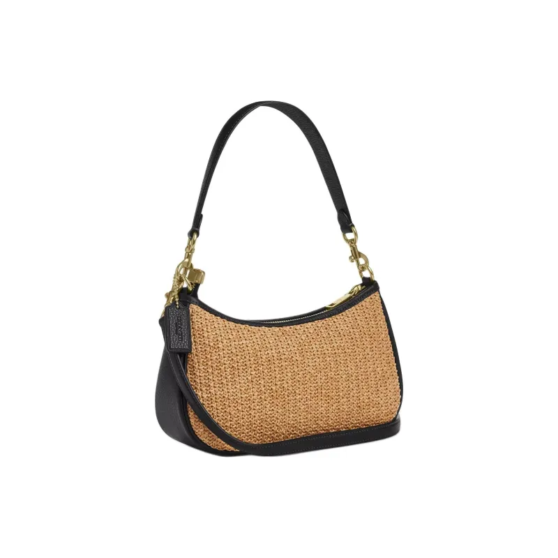 COACH Teri Straw Handbag, Shoulder Bag Medium Size Women's Khaki & Black-1
