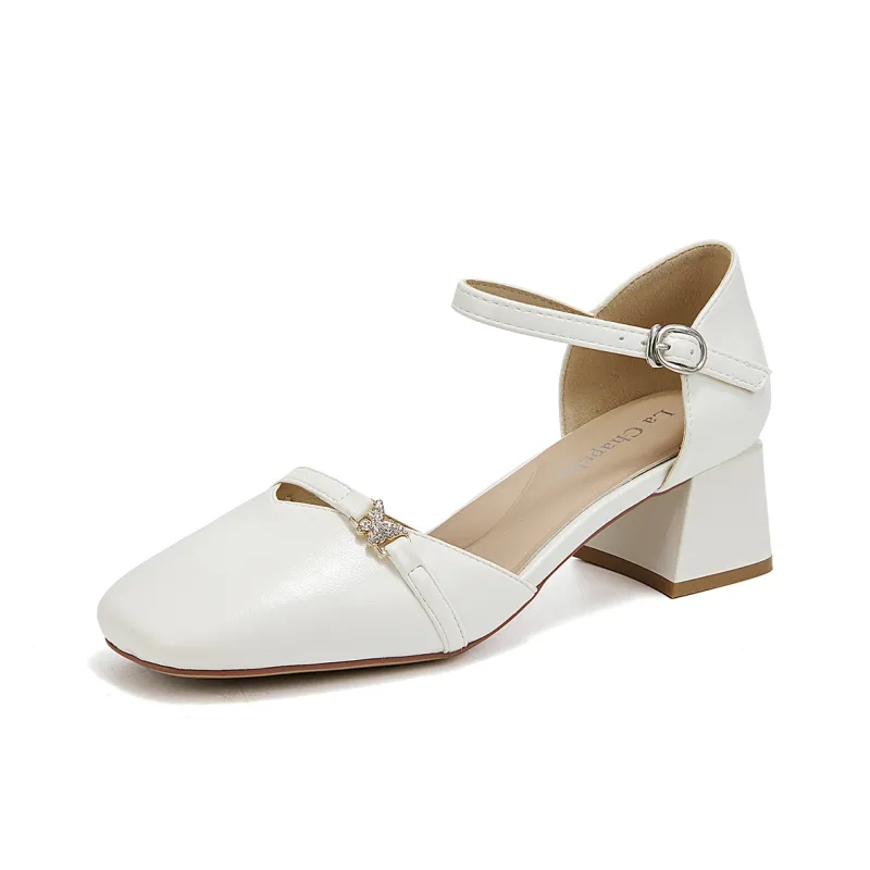 La Chapelle Chunky Heel High Heels Women's Beige-1
