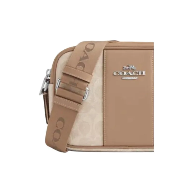 COACH Jamie Canvas With Smooth Leather Camera Bag, Shoulder Bag, Crossbody Bag Trumpets Women's Silver & Sand & Taupe-3